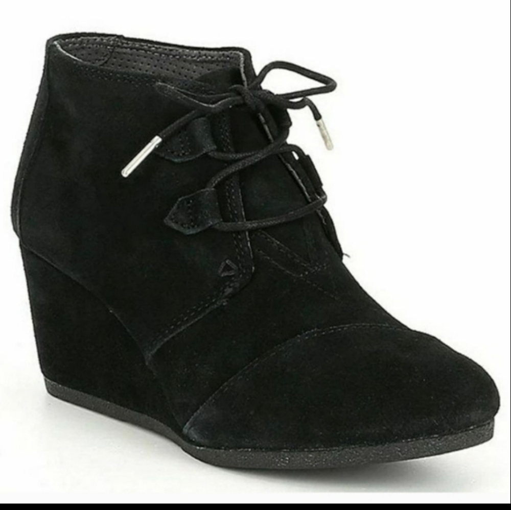 Toms Black Kala Lace-Up Suede Ankle Wedge Booties Sz 8